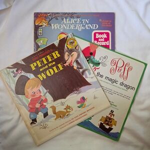 3 Vtg Children's LPs Alice in Wonderland Peter & the Wolf Puff the Magic Dragon